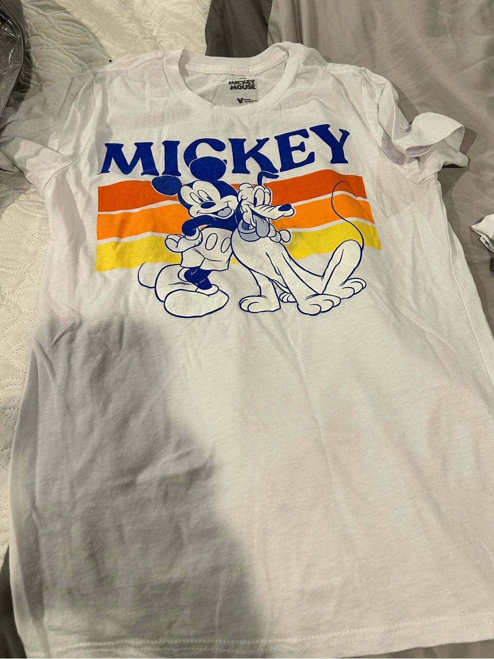 Disney White Tee with Blue Mickey and Orange-Yellow Retro Stripes